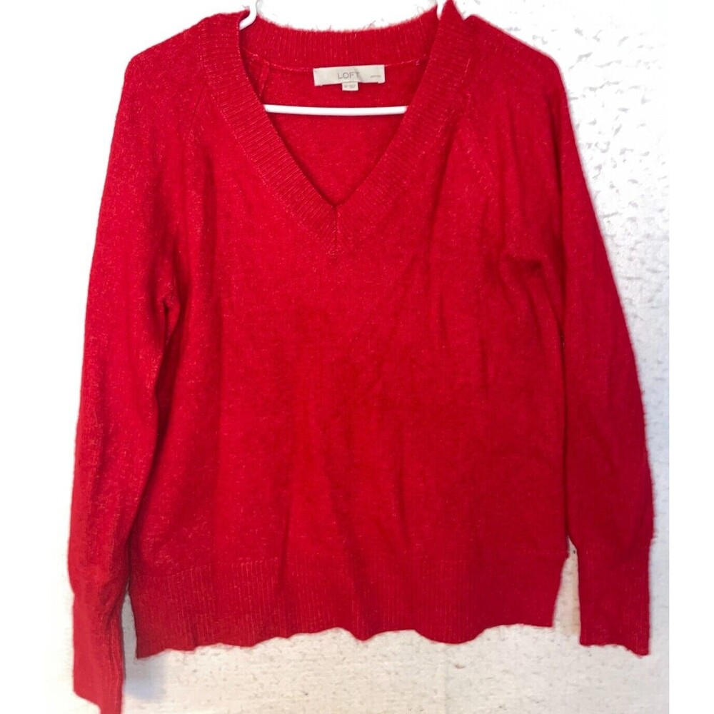 Loft Women's sz S Red Soft V-neck Long Sleeve Knit Sweater NEW